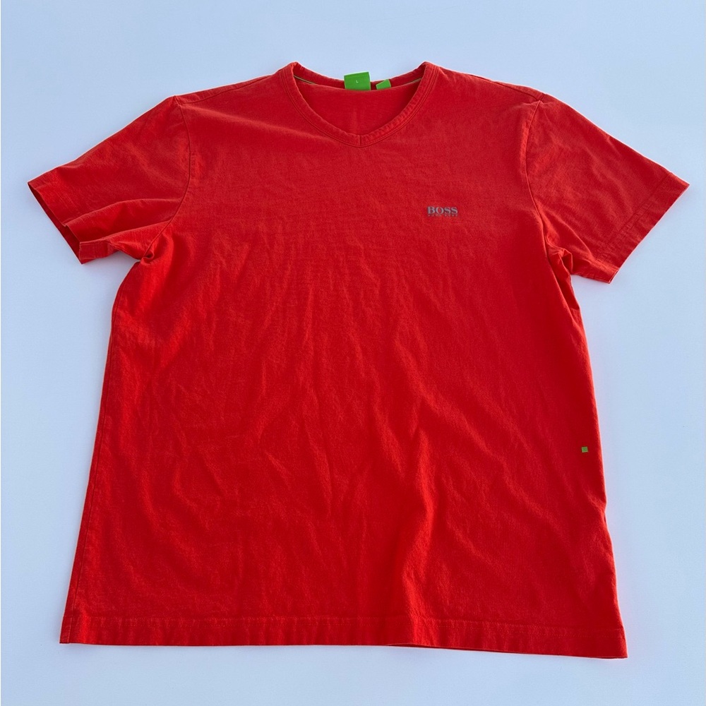 Hugo Boss Mercerised V-Neck T Shirt Mens L Embossed Logo Cotton Stretchy Hipster